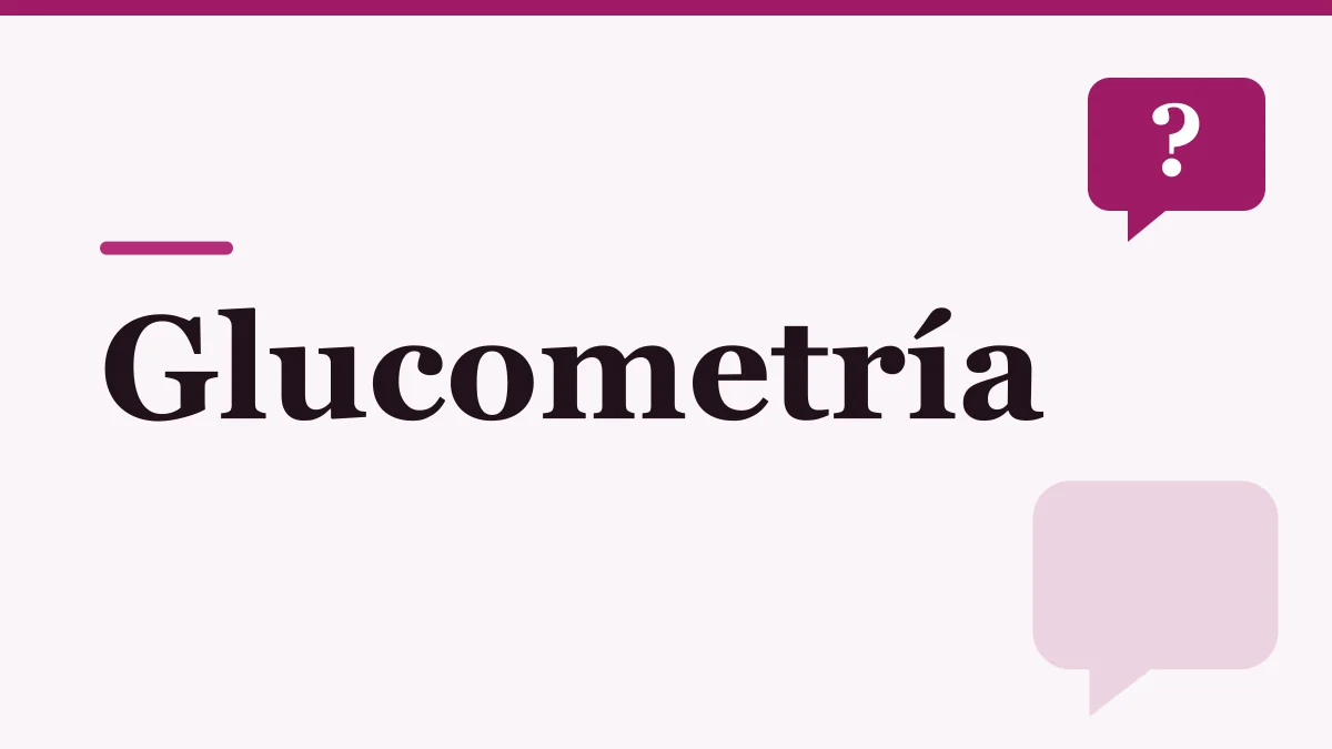 Portada ilustrada sobre la glucometría: el título en letras oscuras sobre fondo rosado claro y un globo de diálogo con signo de pregunta, sin personas ni producto