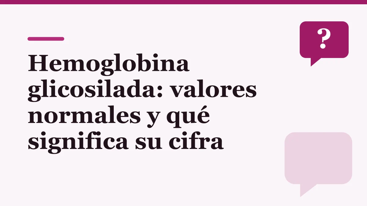 Portada ilustrada sobre los valores normales de la hemoglobina glicosilada: el título en letras oscuras sobre fondo rosado claro y un globo de diálogo con signo de pregunta, sin personas ni producto