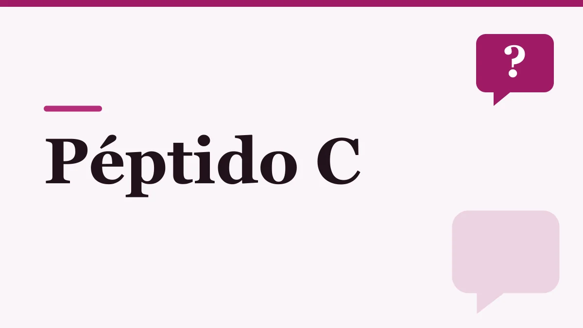 Portada ilustrada sobre el péptido C: el título en letras oscuras sobre fondo rosado claro y un globo de diálogo con signo de pregunta, sin personas ni producto