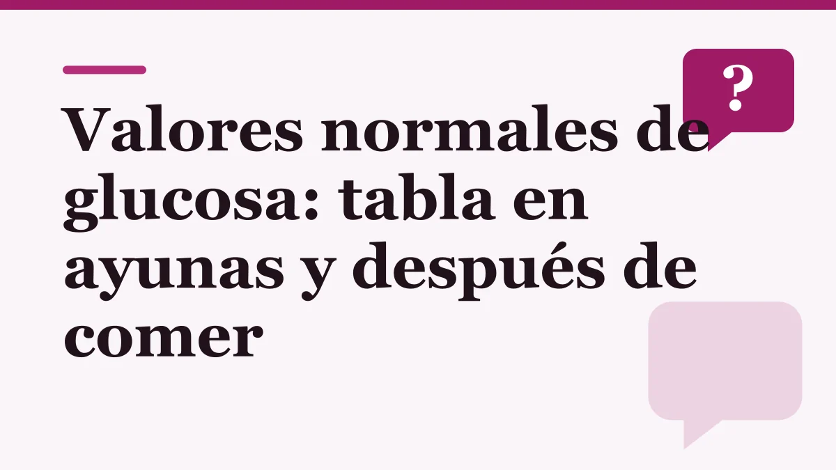 Portada ilustrada sobre los valores normales de glucosa: el título en letras oscuras sobre fondo rosado claro y un globo de diálogo con signo de pregunta, sin personas ni producto